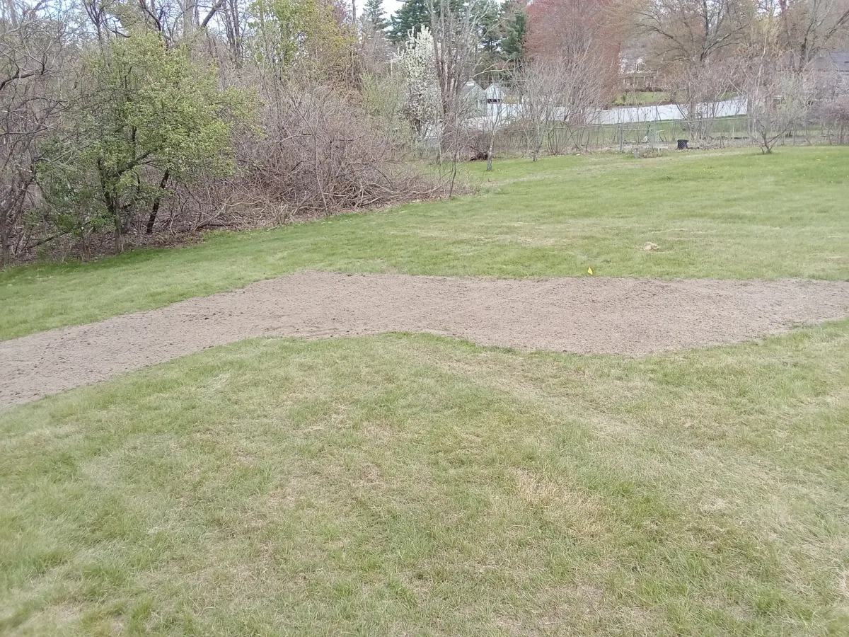 Fresh loam repair area blended into the lawn after spring grass repair